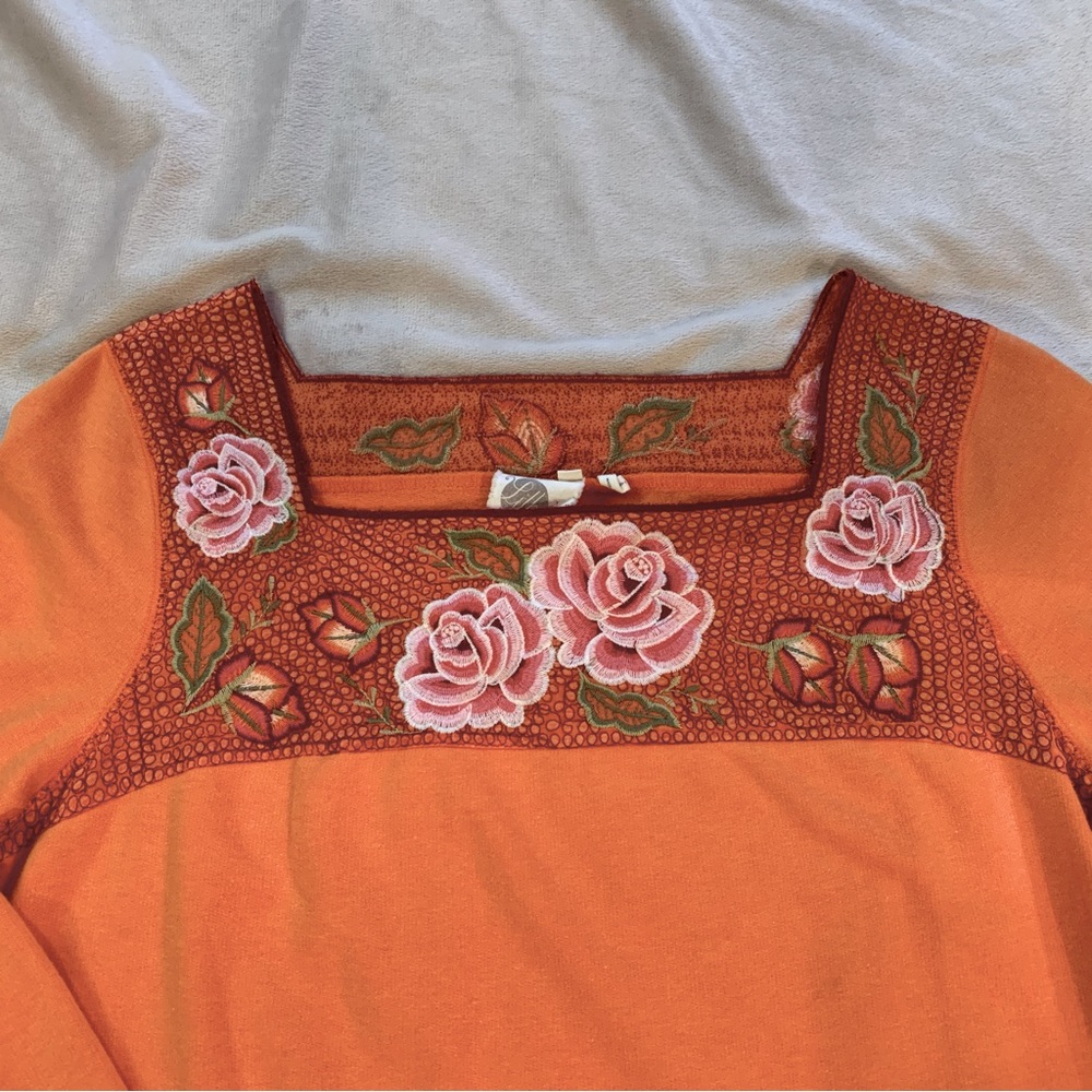 Anthropologie Orange Top with Pink Floral Embroidery - Picture 3 of 5